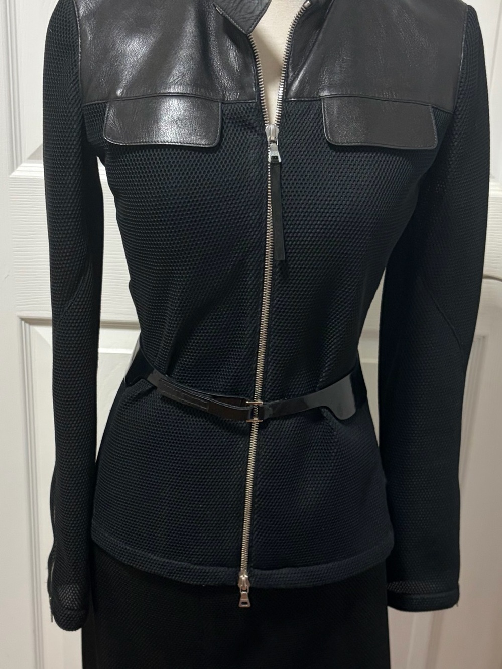 Prada Black Textured Zip Jacket with Leather Yoke and Belt with matching skirt